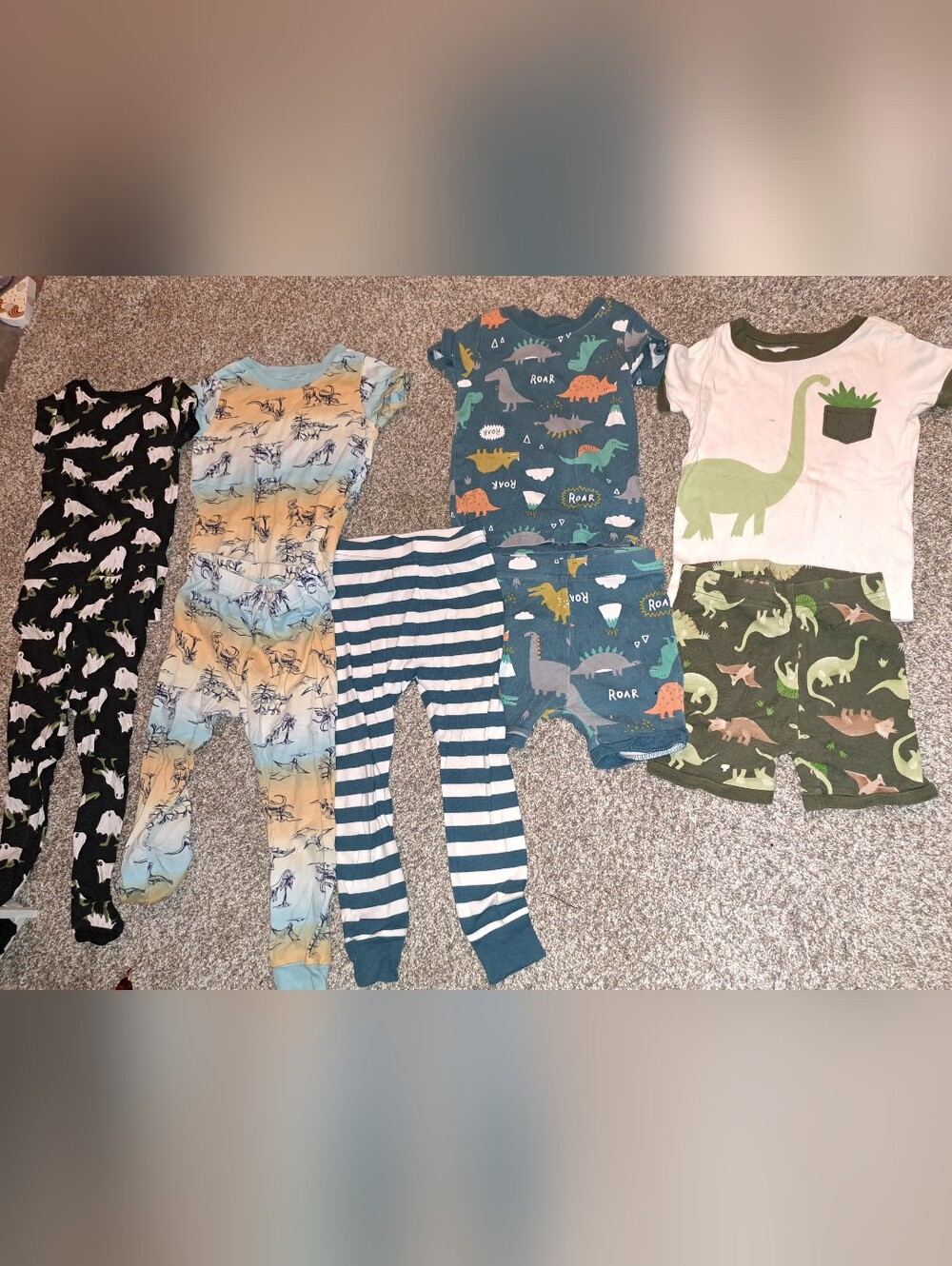 Dinosaur Pajama Set & Striped Leggings - Blue/Teal/Green